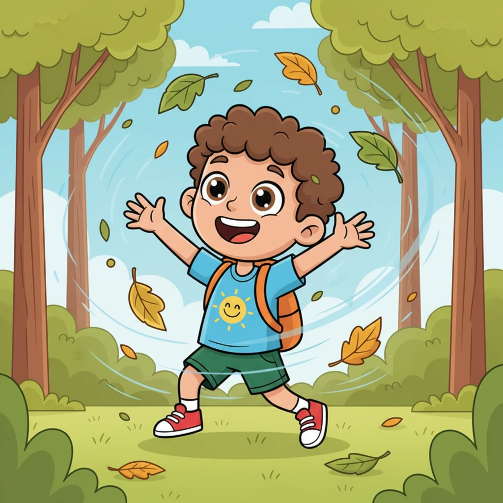 A playful gust of wind suddenly swirled through the garden, rustling the trees. Green and golden leaves fluttered down, dancing through the air. Liam giggled as he tried to gather the colorful leaves, enjoying the breezy moment.