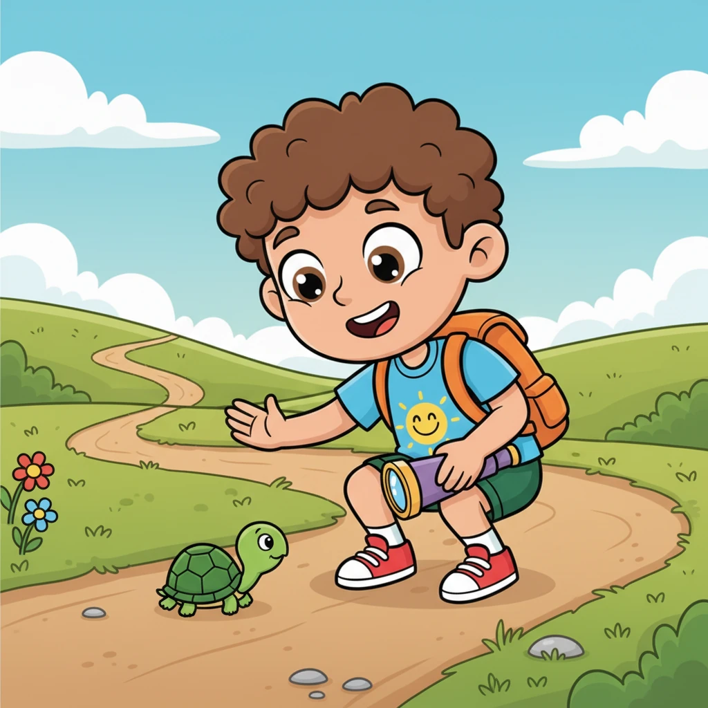 On a winding dirt path, Liam spotted a tiny green turtle slowly making its way across. The little creature moved with patient determination. Liam gently stood by, making sure the turtle was safe as it continued its slow journey.