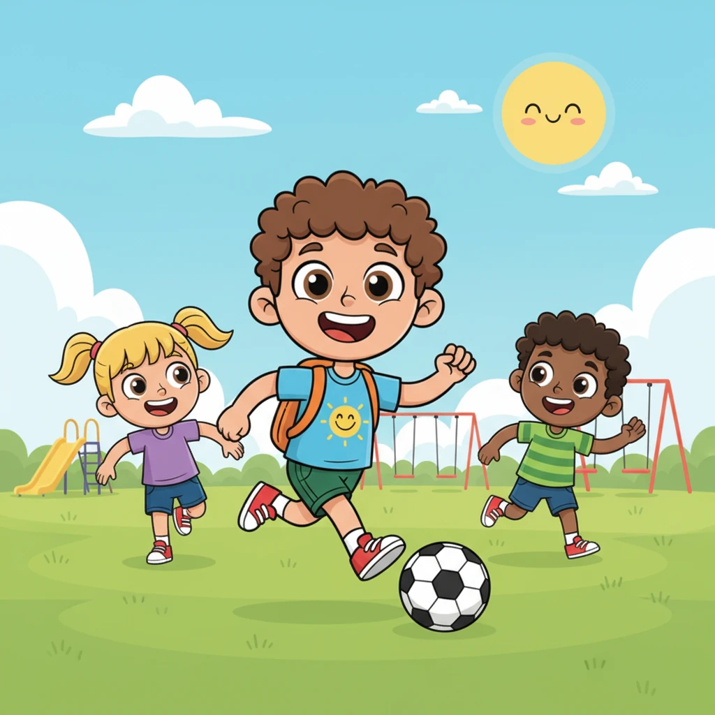 Later, Liam joined his friends at the wide, green playground for a game of soccer. Laughter filled the sunny air as they ran and chased the ball. Liam grinned, feeling the excitement of playing together as a team.