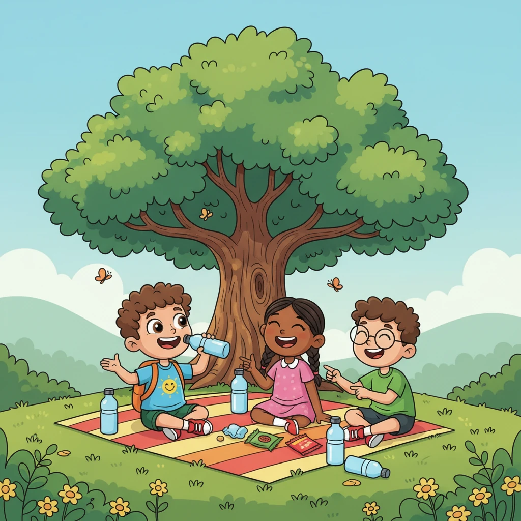 After their energetic game, Liam and his friends gathered under the cool, wide shade of a giant tree. They sat on a colorful picnic mat, sipping water and sharing funny stories. The air was filled with happy chatter and warm friendship.