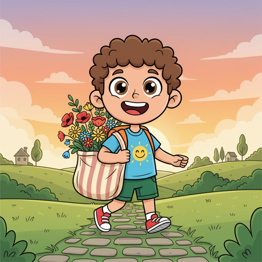 As the sun began to set, painting the sky with warm colors, Liam walked happily home. He carried a bag overflowing with colorful flowers and small green plants. His heart was full of joy from a day well spent and new treasures found.