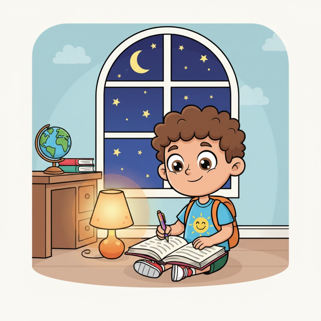In his cozy bedroom, illuminated by a warm, soft lamp, Liam sat down to write. He filled his journal with all the day's wonderful adventures and kind moments. Outside his window, a starry night sky twinkled, as Liam felt thankful for such a beautiful day.