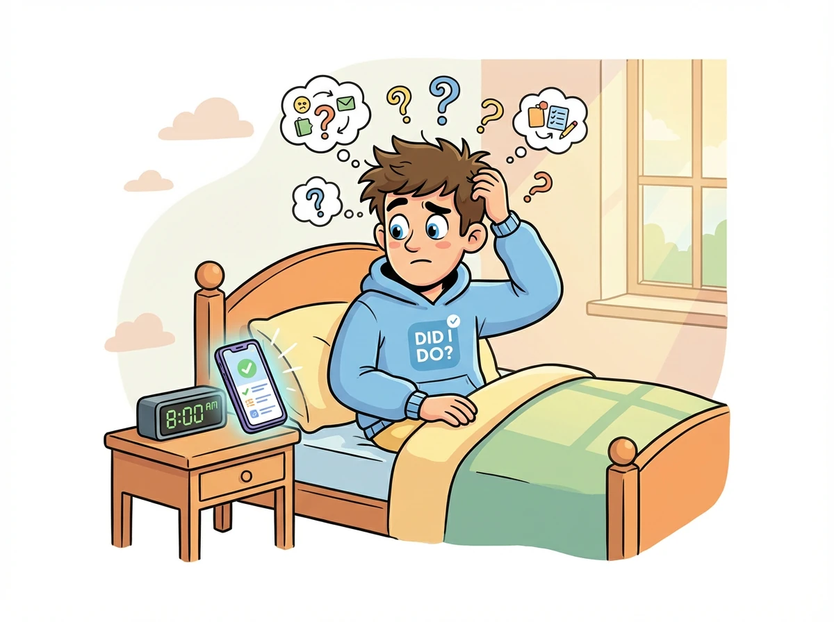 Паша просыпается утром, и его голова полна мыслей. Он забыл, что должен сделать сегодня, и чувствует себя немного потерянным. На его прикроватной тумбочке лежит телефон с новым приложением.