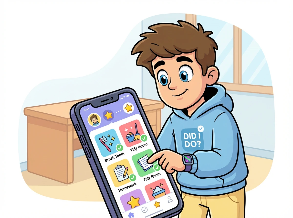 Паша открывает приложение «Did I Do?». Яркий и дружелюбный интерфейс сразу же привлекает его внимание. Он видит список задач, которые нужно выполнить сегодня.