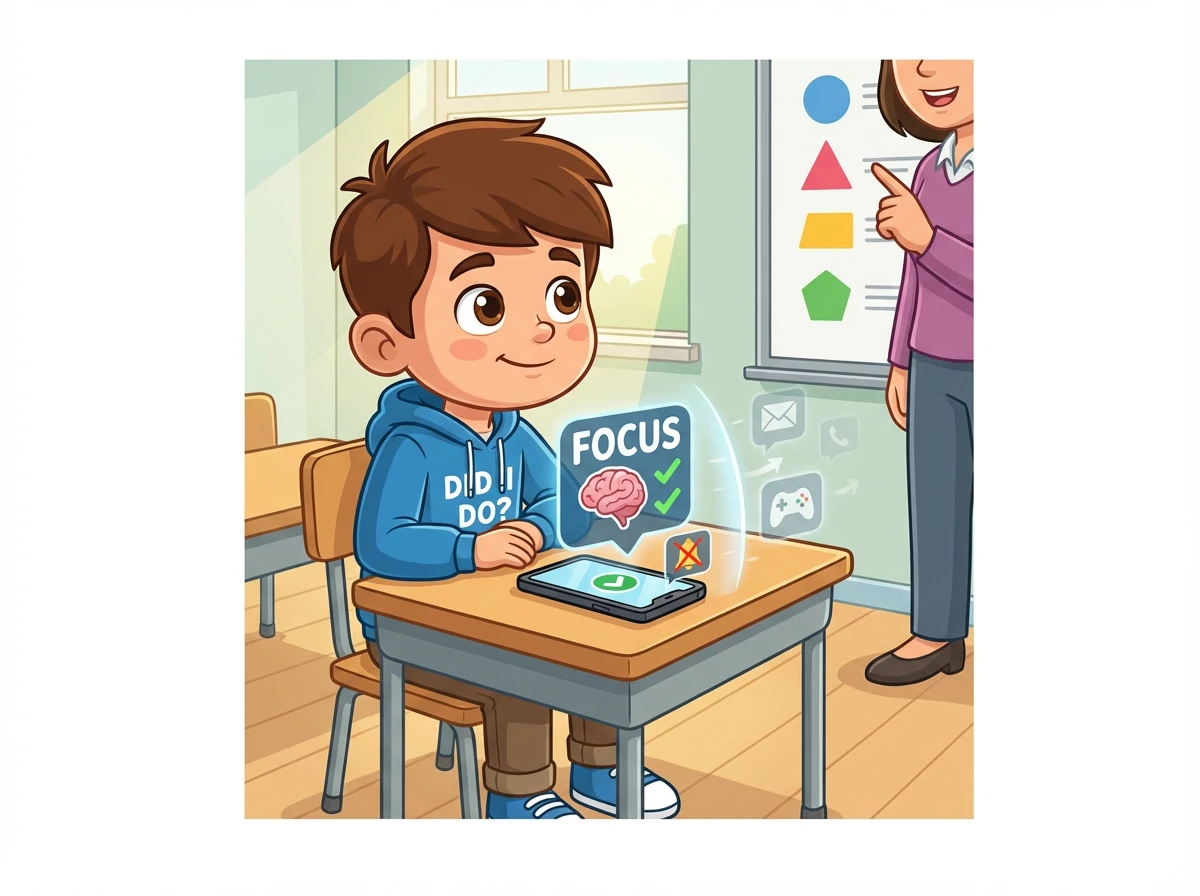 В школе Паше нужно сосредоточиться на уроке. Он использует функцию «Фокус» в приложении, которая помогает ему блокировать отвлекающие уведомления и звуки. Он успешно концентрируется на объяснении учителя.
