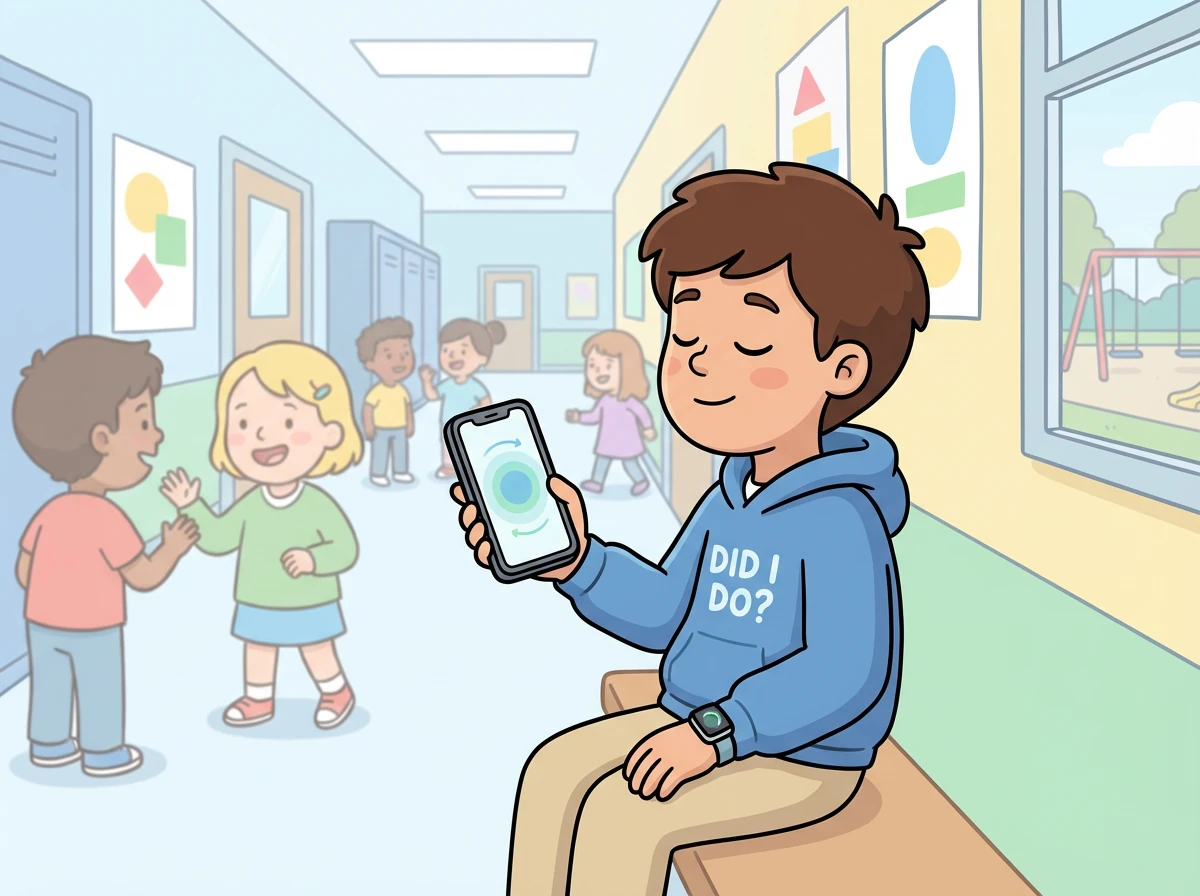 Во время перемены Паша чувствует тревогу. Он открывает приложение и использует функцию «Дыхание», которая помогает ему успокоиться с помощью простых дыхательных упражнений. Он чувствует, как напряжение уходит.