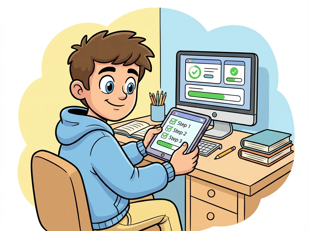 После школы Паша должен сделать домашнее задание. Он разбивает большое задание на маленькие шаги и отмечает каждый шаг в приложении. Виджеты на его рабочем столе постепенно заполняются зеленым цветом.