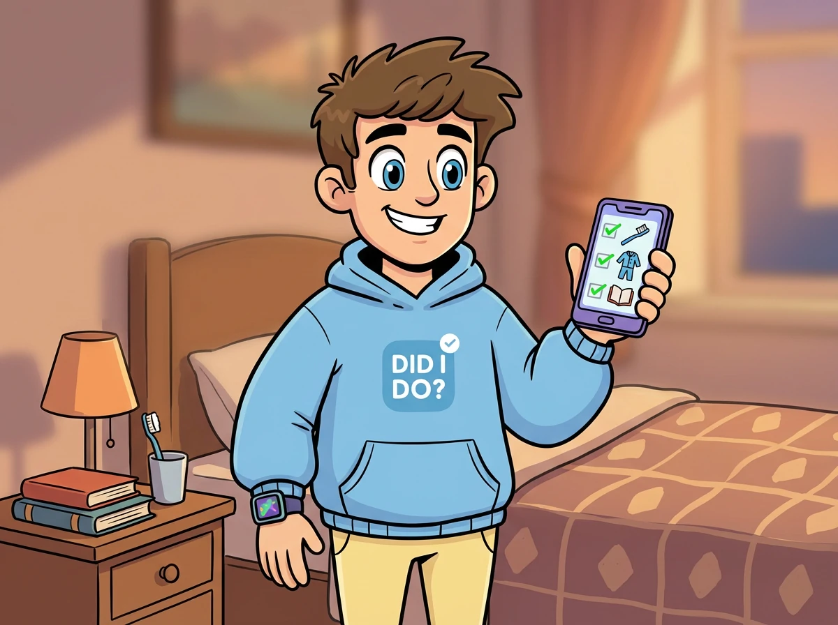 Вечером Паша должен подготовиться ко сну. Он отмечает в приложении, что почистил зубы, переоделся в пижаму и прочитал книгу. Он чувствует себя довольным тем, как прошел день.