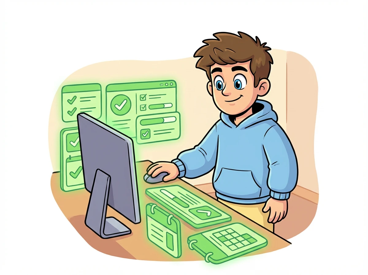 Паша смотрит на свой рабочий стол, полный зеленых виджетов. Он понимает, что даже маленькие шаги могут привести к большим результатам. Он чувствует себя более организованным и уверенным в себе.