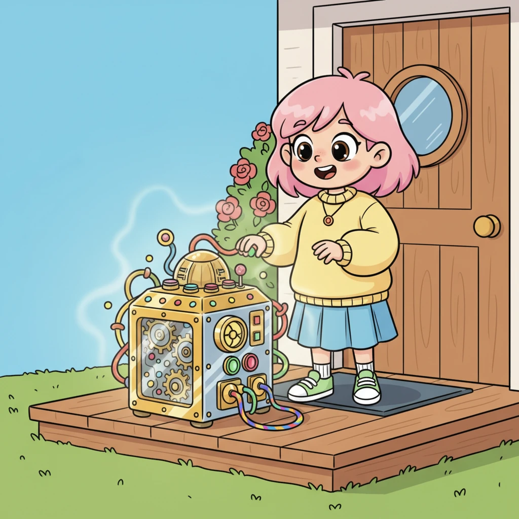 One morning, a peculiar, gleaming contraption with whirring gears and blinking lights mysteriously appeared on their doorstep. It hummed with an otherworldly energy, its strange buttons and levers promising unimaginable possibilities. Sarah stared at it with a mix of awe and a mischievous glint in her eye.