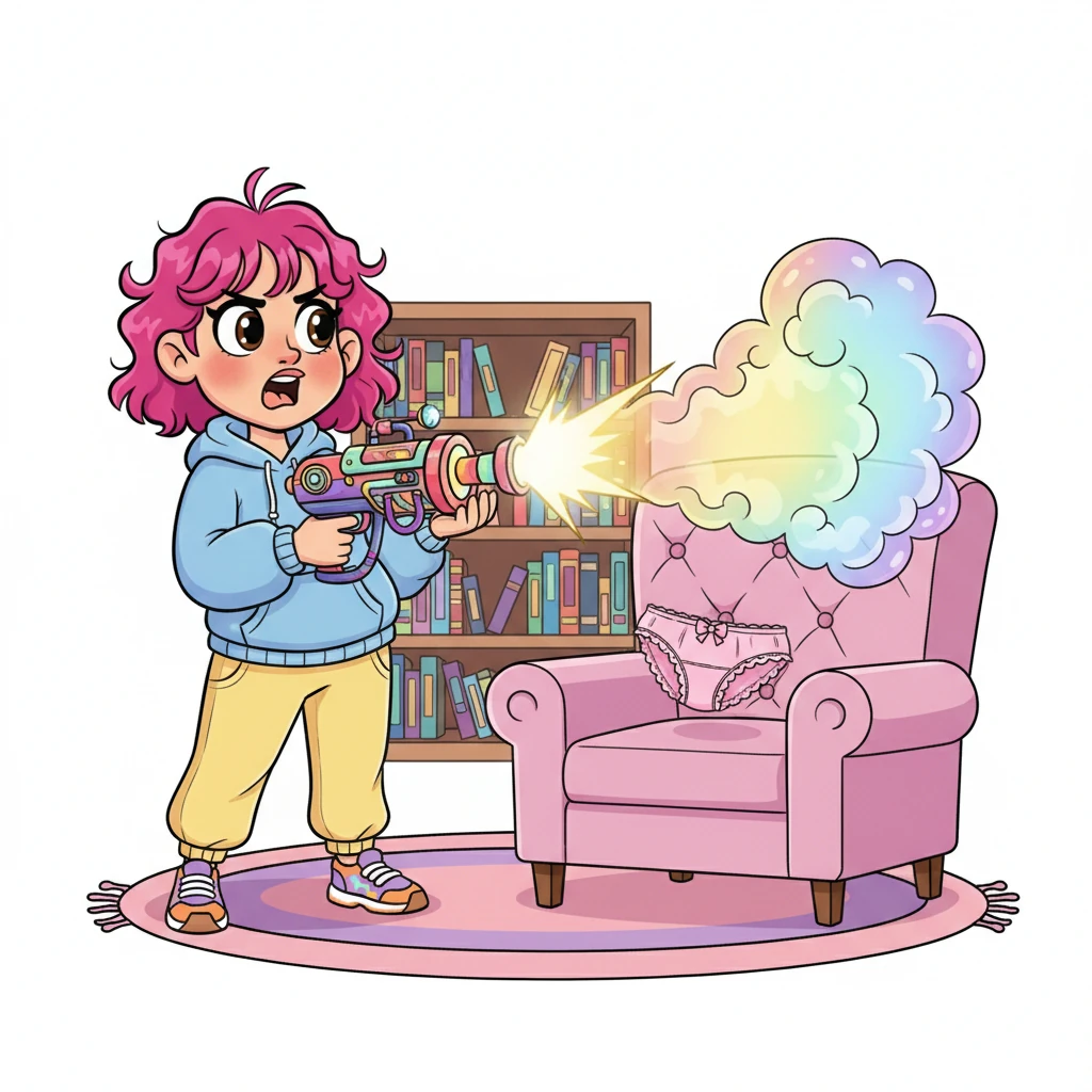 Driven by frustration, Sarah, with a determined look, activated the machine, pointing it directly at a lounging Barnaby. With a flash and a puff of iridescent smoke, Barnaby was instantly transformed into a delicate, lacy pair of panties, landing softly on the floor. Sarah gasped, unaware of the deeper magic at play.