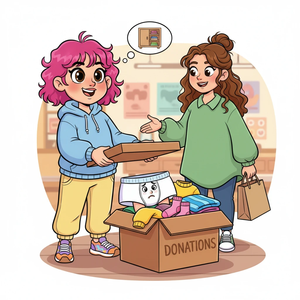 After several long, uncomfortable years, Sarah, completely oblivious to the sentient nature of her undergarment, decided to declutter. Barnaby, still in his transformed state, found himself packaged and sold to a new owner, a woman whose habits were, to his dismay, equally unappealing.