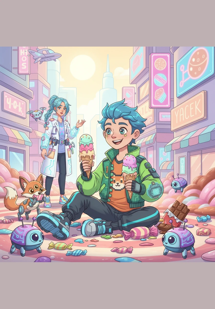 Surrounded by colorful wrappers and melting scoops, Sammy indulges in a feast of sugary delights. He happily munches on gooey chocolate bars and towering cones of his favorite flavors under the bright morning sun.