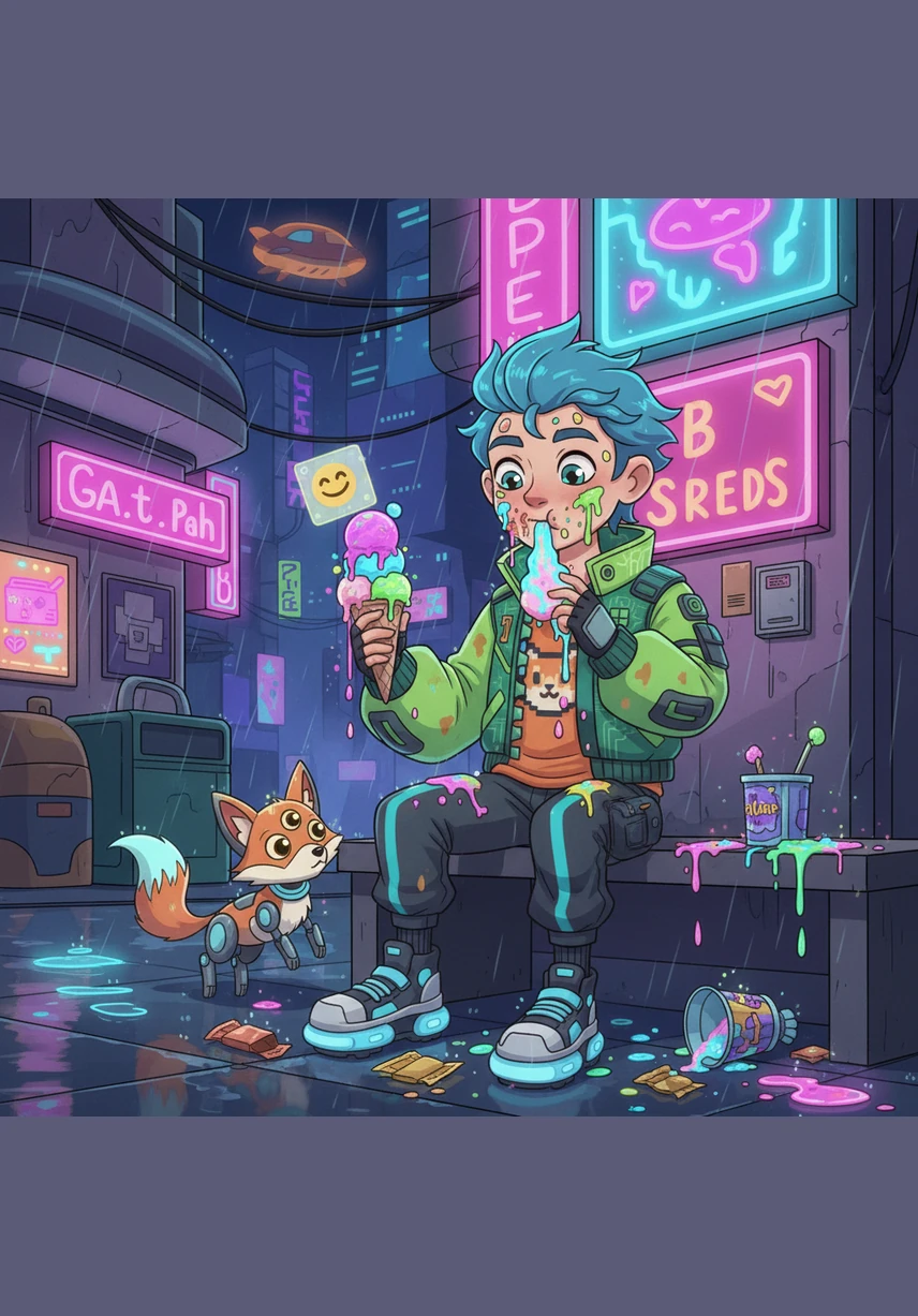 As the day turns to night, Sammy continues to snack on sticky treats with ice cream dripping down his chin. He is so focused on the sweets that he completely forgets about his toothbrush waiting patiently in the bathroom.