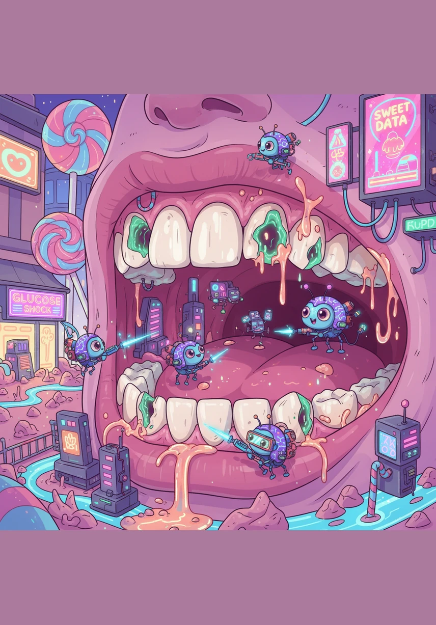 Deep inside Sammy's mouth, tiny and mischievous sugar bugs begin to gather around the leftover bits of candy. They whisper to each other with tiny grins, excited to find such a sweet place to stay and play.