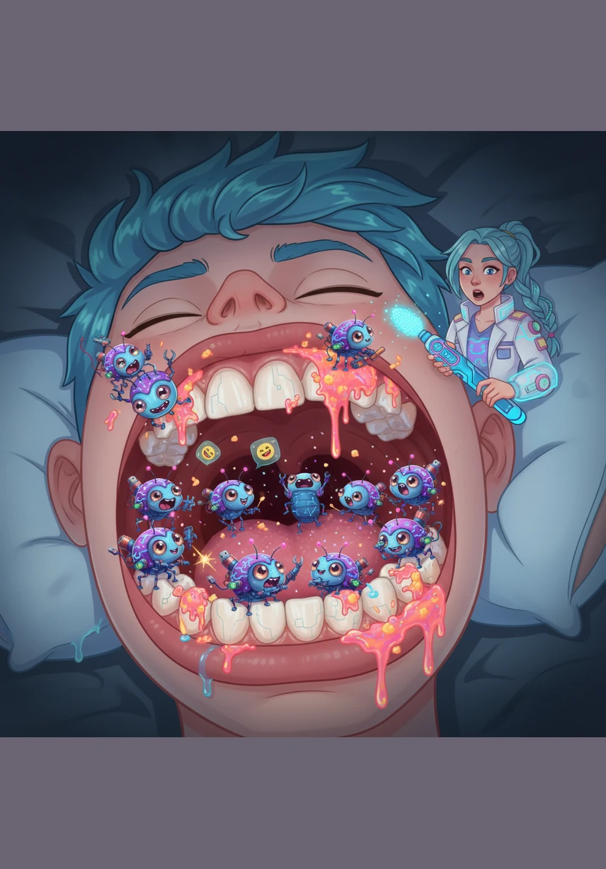 The sugar bugs start a noisy party, chomping and crunching away on Sammy's teeth while he sleeps. They dance around the sugary residue, making themselves right at home in the dark corners of his mouth.