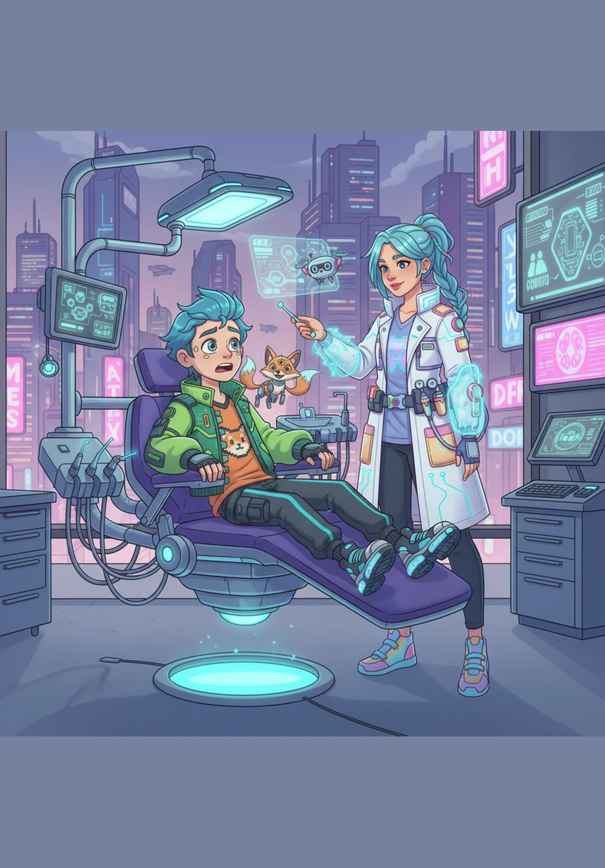 Sammy visits the dentist, sitting nervously in a big, shiny chair that lifts him high into the air. The kind dentist wears a mask and asks him to open wide so they can investigate the source of the pain.