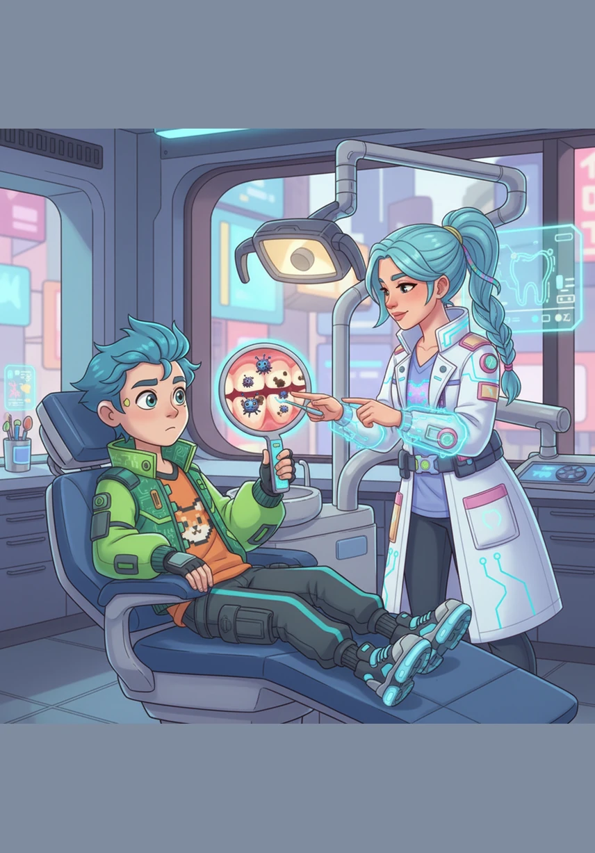 The dentist uses a small mirror to show Sammy the tiny holes where the sugar bugs have been busy. Sammy listens intently as the doctor explains that too many sweets and not enough brushing let the bugs move in.