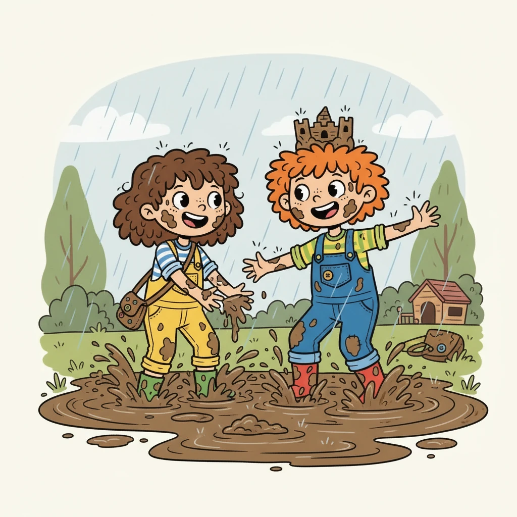 Suddenly, a playful rain shower began to fall, turning the dry earth into a muddy playground. Barnaby and Lily looked at each other, their eyes sparkling with mischief. They embraced the mud, splashing and sliding with glee.