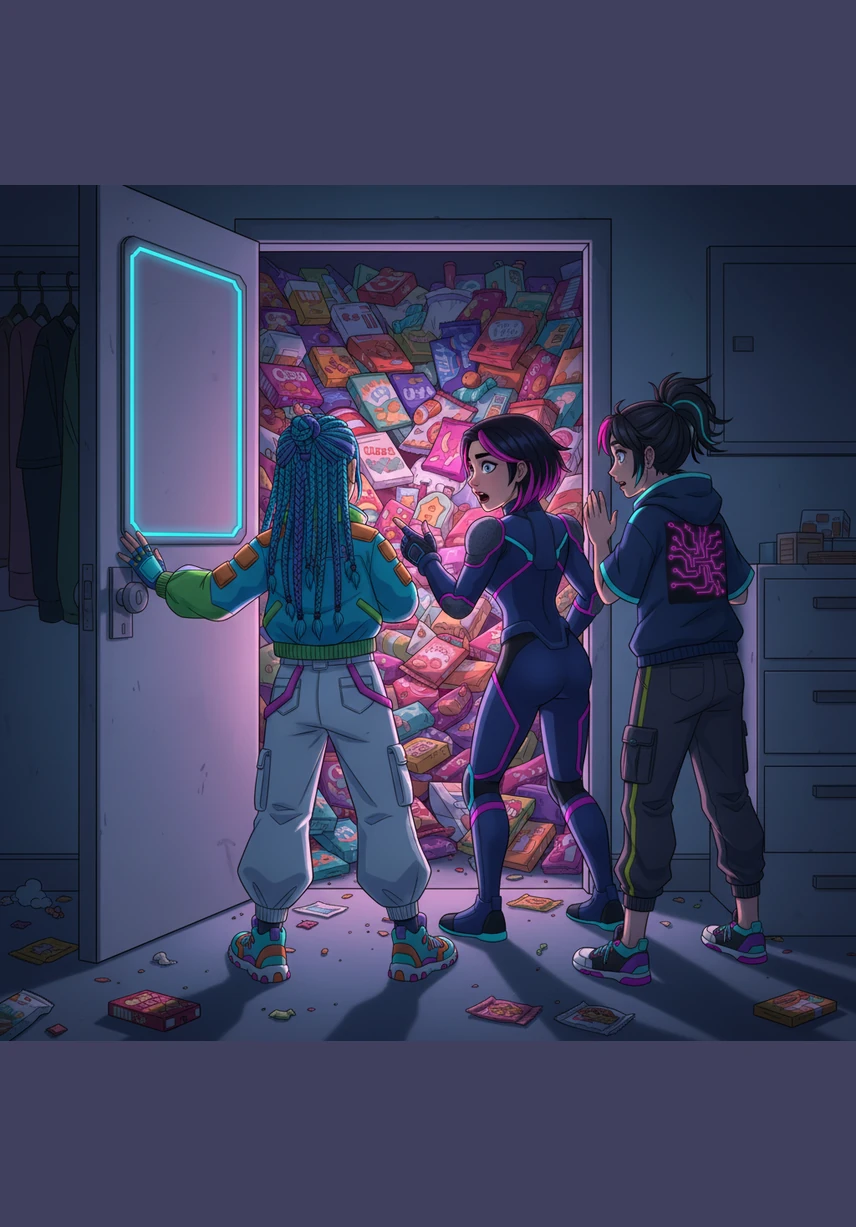 The door creaked open to reveal a sight Mariam never expected: piles of colorful snack bags, boxes of cookies, and mountains of candy bars stacked from floor to ceiling. It looked like a hidden convenience store tucked away behind the cleaning supplies, glowing under the dim light of the closet.