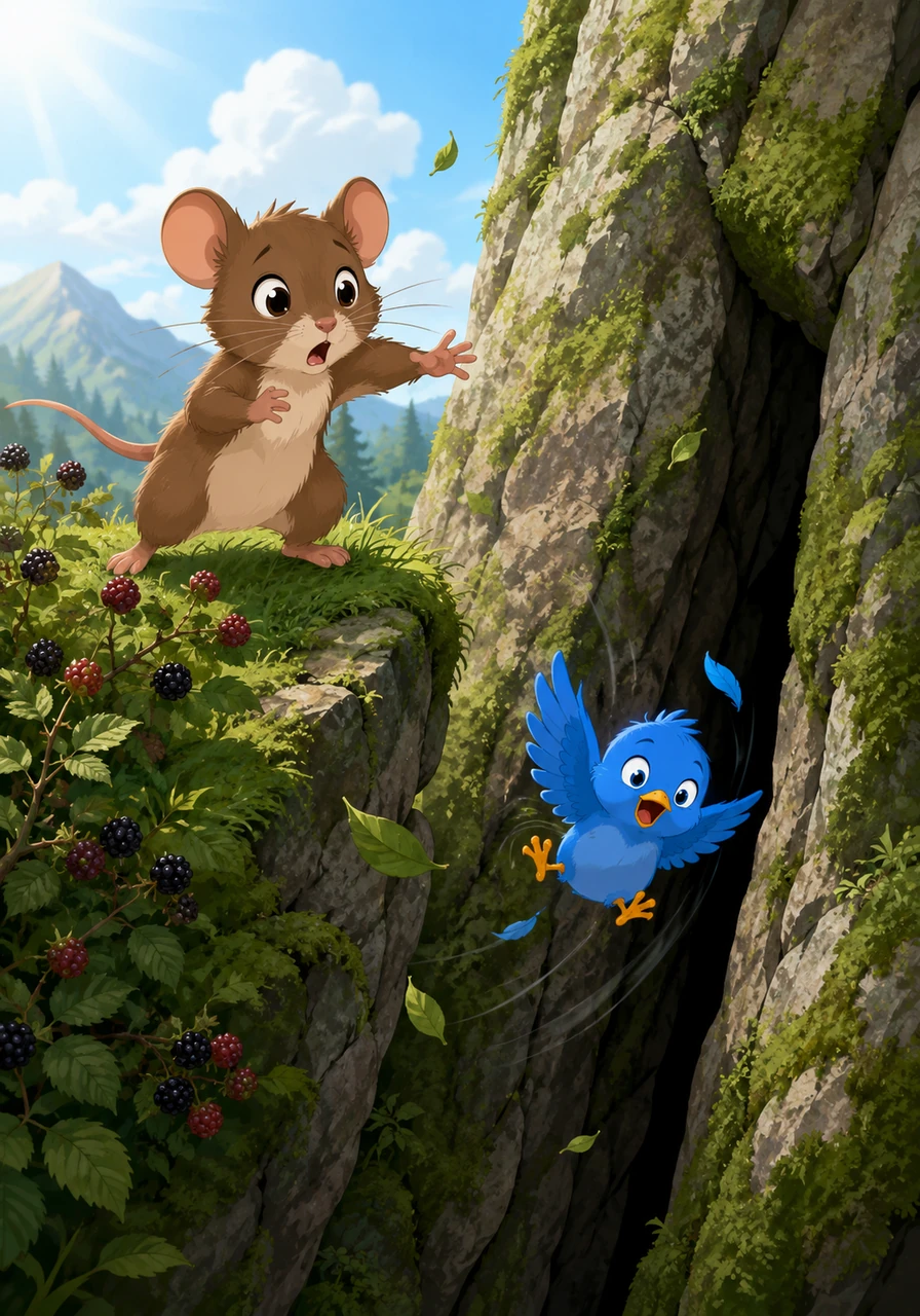 One sunny afternoon, Bramble was collecting sweet blackberries near the old mossy cliff with his best friend, a cheerful bluebird named Pip. Suddenly, a sudden gust of wind caught Pip by surprise, blowing him off balance and sending him tumbling down into a narrow, dark crevice in the rocks.
