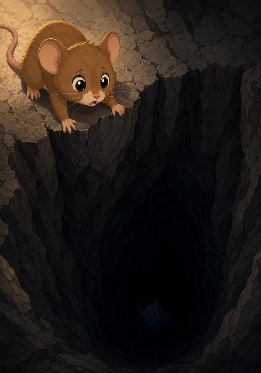 Bramble rushed to the edge of the opening and called out for his friend, his heart pounding wildly. Far below, a faint and frightened chirp echoed from the darkness of a deep cavern, signaling that Pip was trapped and could not fly back out.