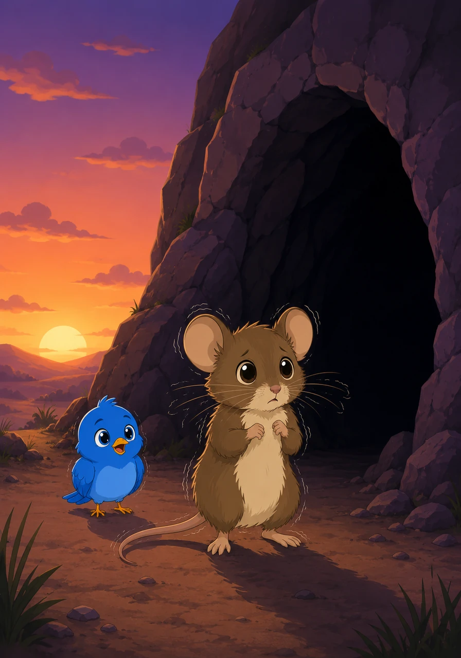 The sun began to dip below the horizon, casting long, eerie shadows across the entrance of the cave. Bramble trembled from his whiskers to his tail, staring into the pitch-black void that he feared more than anything else in the world.