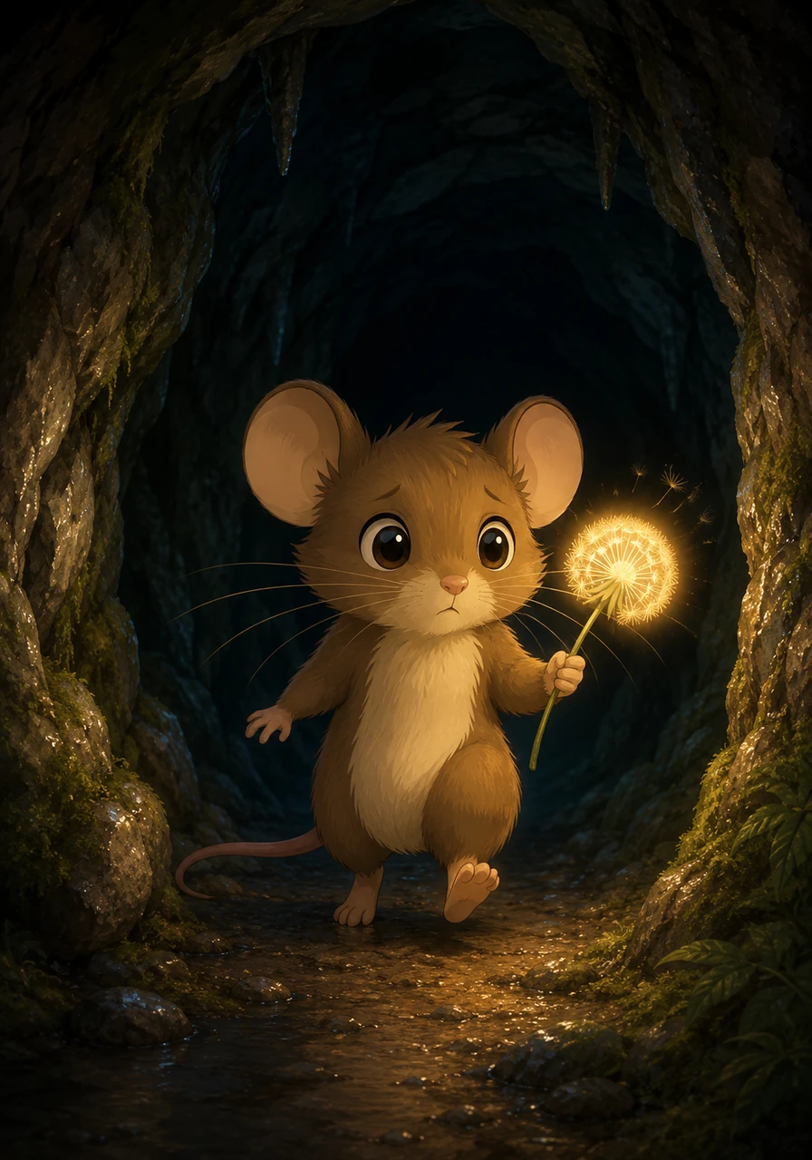 Remembering Pip's kindness and all the adventures they had shared, Bramble swallowed his fear and picked up a glowing dandelion stem. With a deep breath and a determined step, the little mouse crossed the threshold into the damp, cool darkness of the cavern.