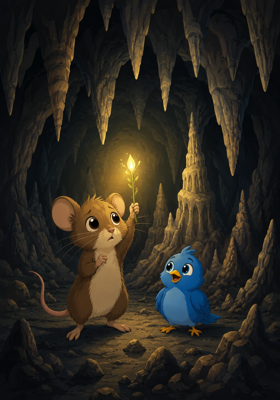 Inside, the cave was filled with strange shapes and unfamiliar echoes that made Bramble's ears twitch with anxiety. He held his tiny glowing stem high, realizing that the frightening shadows were just ordinary rocks and stalactites shaped by time.