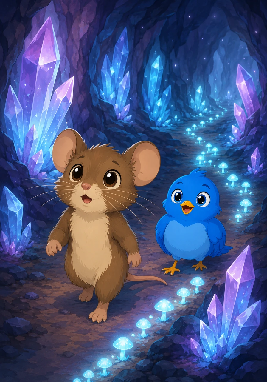 As he ventured deeper, a soft glowing trail of luminous mushrooms guided his path, illuminating the majestic beauty of the underground world. The fear in Bramble's chest began to melt away, replaced by wonder at the shimmering crystals lining the cavern walls.