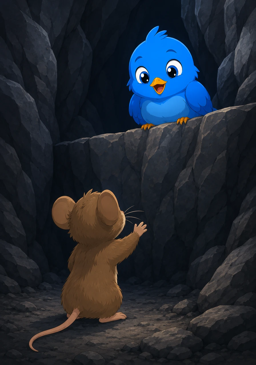 Following the sound of faint chirping, Bramble finally spotted Pip huddled on a low ledge, surrounded by steep rocks he couldn't navigate. Pip's eyes lit up with joy and relief as he saw his small friend braving the darkness just for him.