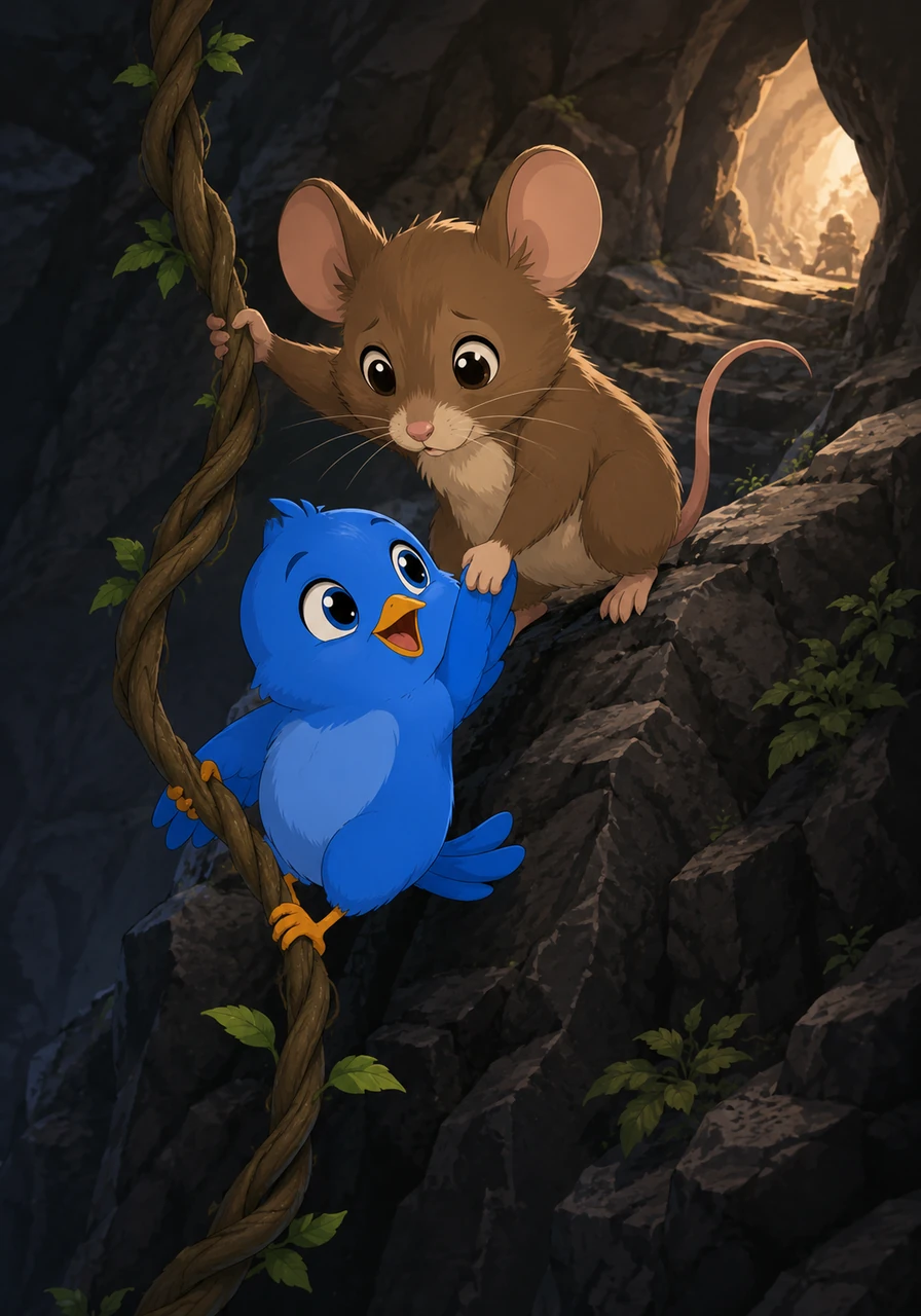Bramble carefully climbed down the rocky ledge, using a sturdy vine to help Pip gently scramble back up to safety. With Pip safely perched on his shoulder, the two friends turned back toward the entrance, guiding each other through the shadows.