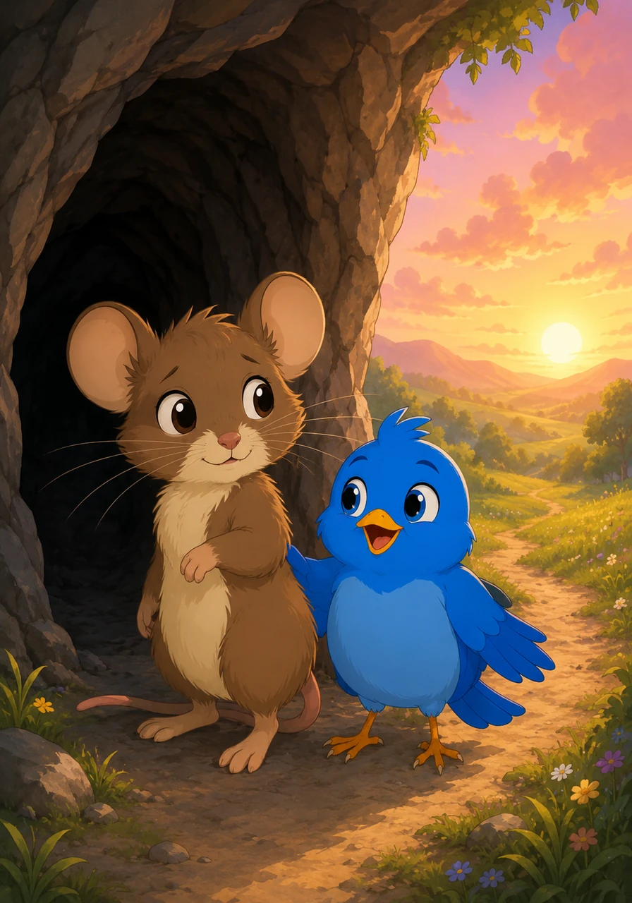The two friends stepped out of the cave just as the morning sun began to paint the sky in brilliant hues of gold and pink. Bramble looked back at the dark cave and smiled, knowing he was no longer afraid of the shadows, because the light of friendship was always with him.