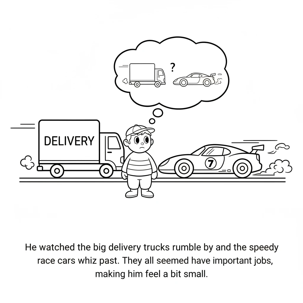 He watched the big delivery trucks rumble by and the speedy race cars whiz past. They all seemed to have important jobs, making Dash feel a bit small.