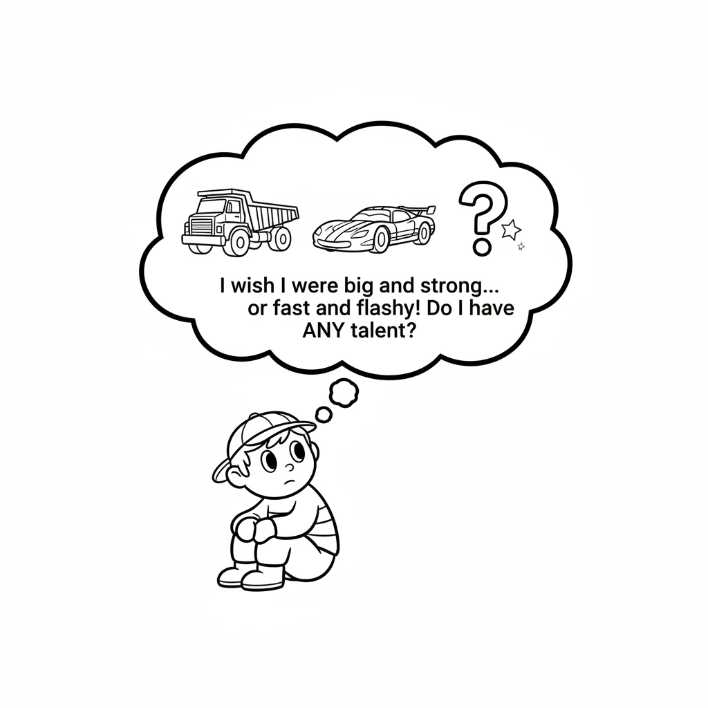 Dash often sat quietly, wishing he could be big and strong like a truck, or fast and flashy like a race car. He wondered if he had any special talents
