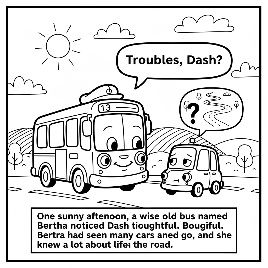 One sunny afternoon, a wise old bus named Bertha noticed Dash looking thoughtful. Bertha had seen many cars come and go, and she knew a lot about life
