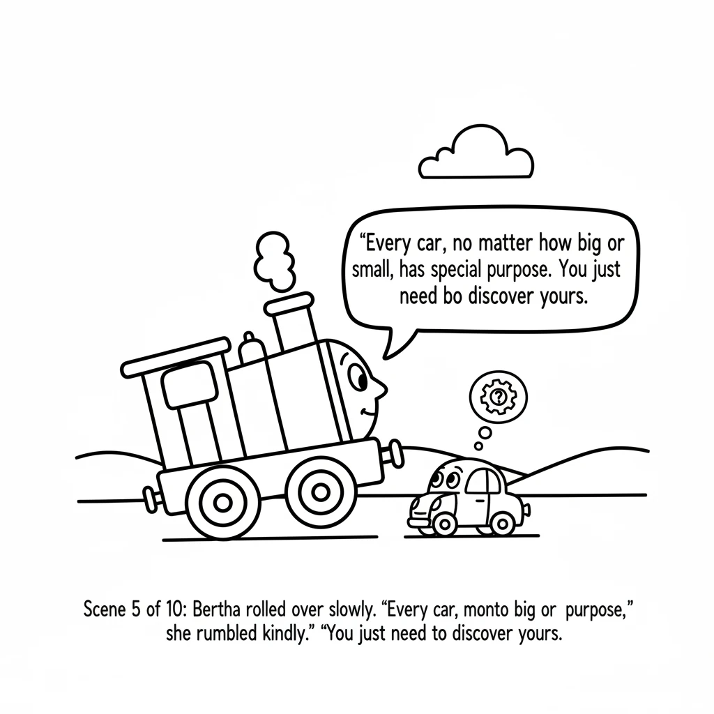 Bertha rolled over slowly. "Every car, no matter how big or small, has a special purpose," she rumbled kindly. "You just need to discover yours."