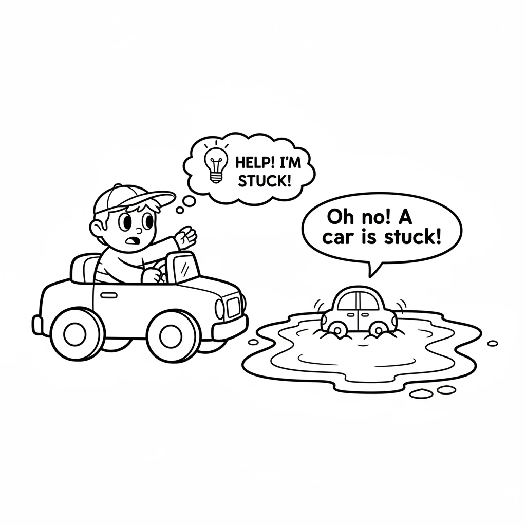 Later that day, Dash was driving near the park when he saw a tiny blue car stuck deep in a muddy puddle. The little car's wheels were spinning helples