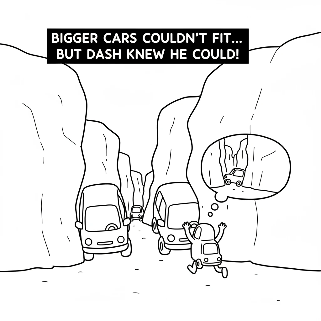 Bigger cars tried to help, but they were too wide to reach the small car without getting stuck themselves. Dash realized he was small enough to fit!
