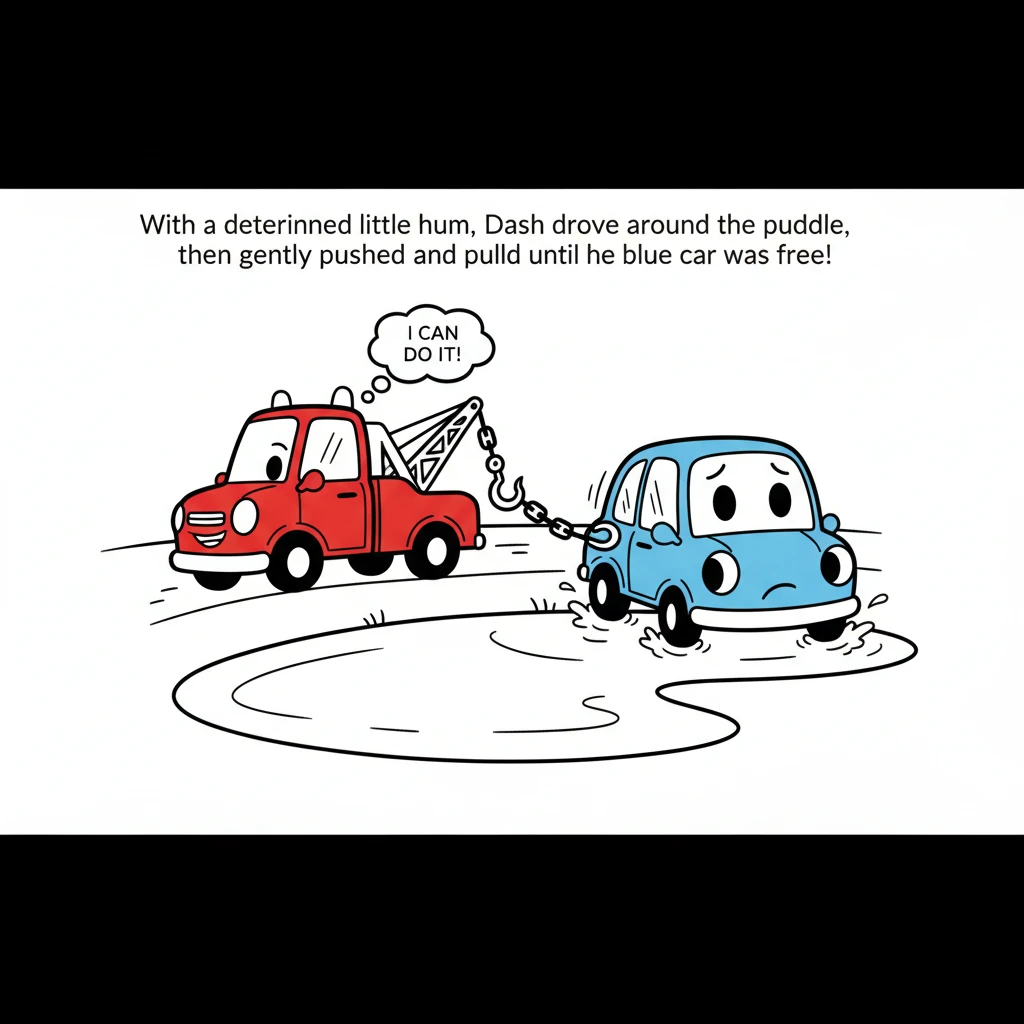 With a determined little hum, Dash carefully drove around the edges of the puddle, until he was right behind the stuck car. He gently pushed and pulle
