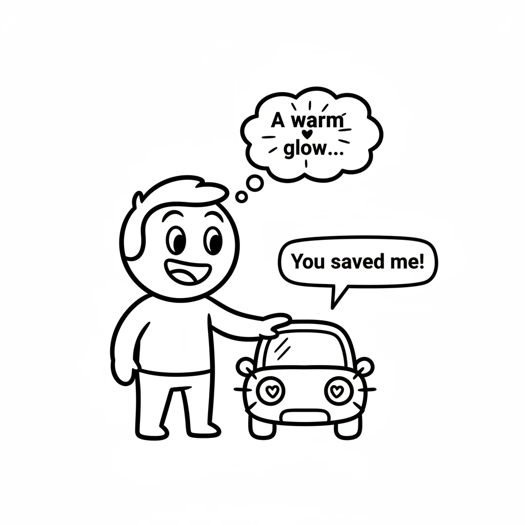 The tiny blue car blinked its headlights in thanks. "You saved me!" it chirped happily. Dash felt a warm glow spread through his engine, a feeling he