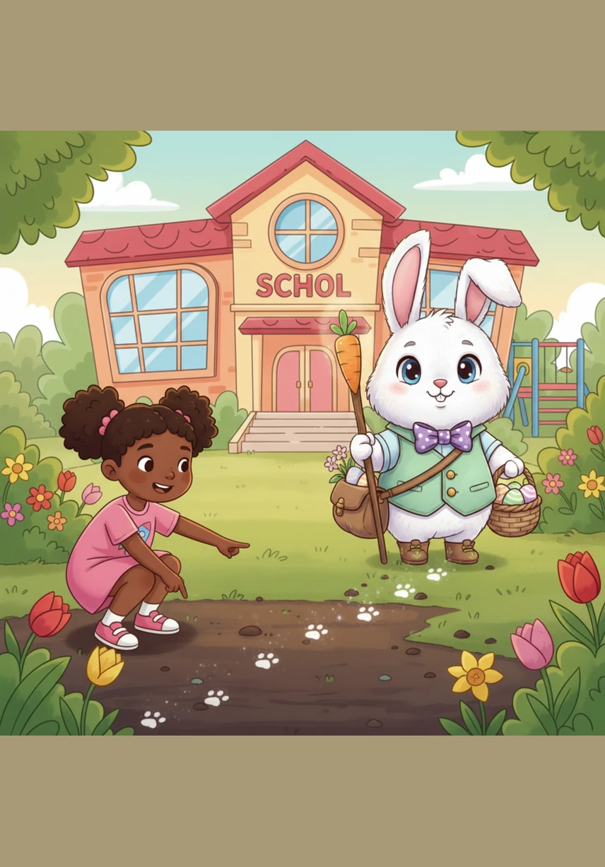 The adventure began in the school garden, where a trail of shimmering sparkles caught the light. Eva pointed to the soft earth, discovering a line of tiny, fuzzy paw prints leading the way.