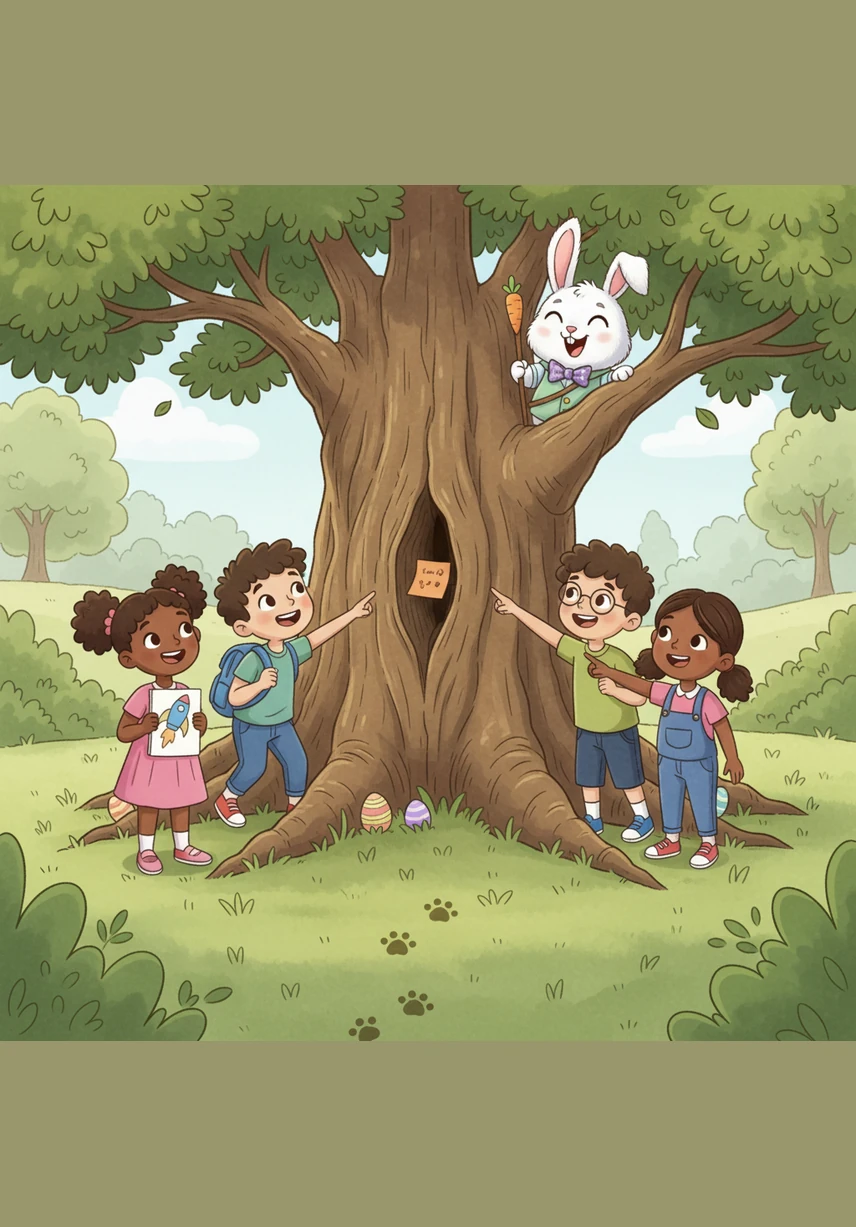 Giggling with excitement, the children followed the tracks all the way to the big oak tree in Gilfach Goch Park. Tucked into the bark was an orange note that told them to hop along and count the eggs.