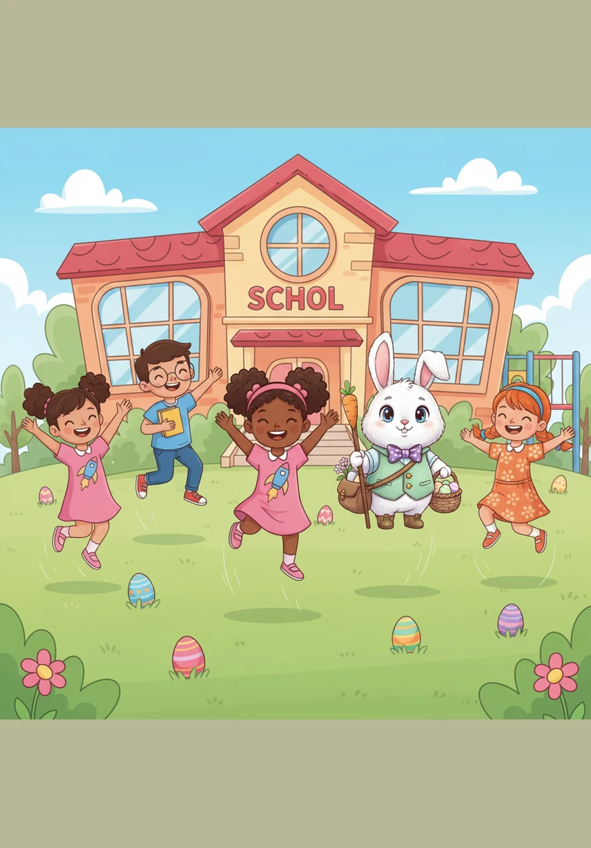 The friends hopped like bunnies down the village street, their eyes searching every nook and cranny. The sun shone brightly as they began their quest to find the hidden treasures.