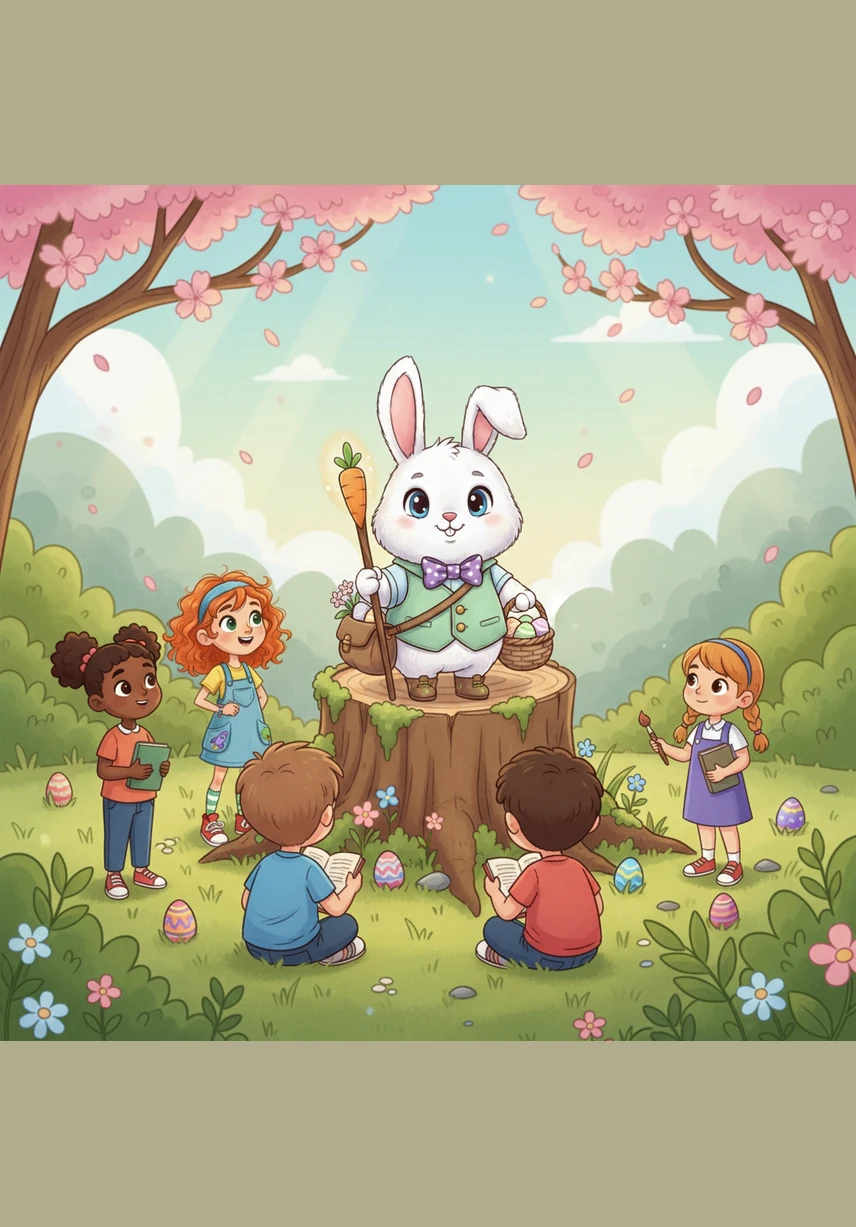 There, sitting peacefully on a mossy rock, was the Easter Bunny himself, nibbling on a crunchy orange carrot. He looked up with a twitch of his nose and a friendly twinkle in his eyes.