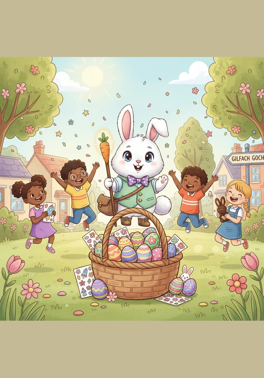 With a magical flick of his fluffy tail, the Bunny revealed a giant basket overflowing with chocolate eggs and stickers. The children hopped for joy, celebrating the most wonderful Easter Gilfach Goch had ever seen.