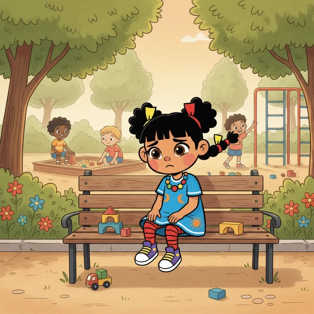 Sofía, una niña curiosa con una melena rizada y ojos brillantes, amaba explorar el mundo. Un día, mientras jugaba en el parque, se sintió frustrada porque otros niños no entendían sus ideas. Se sentó en un banco, sintiendo una mezcla de tristeza y confusión.