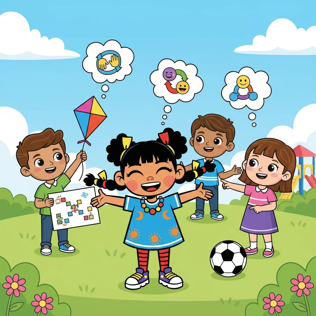 Para sorpresa de Sofía, los otros niños, al entender sus sentimientos, propusieron ideas para jugar todos juntos.  Sofía sintió una inmensa alegría y descubrió que expresar sus emociones y necesidades podía resolver muchos problemas y fortalecer la amistad.