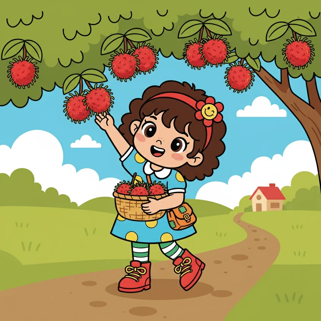 Tata memetik beberapa buah rambutan yang paling besar dan ranum. Ia lalu berjalan menuju rumah temannya, Rina.