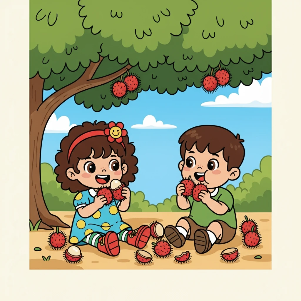 Rina sangat senang menerima buah rambutan dari Tata. Mereka berdua lalu duduk di bawah pohon sambil menikmati buah yang manis itu.